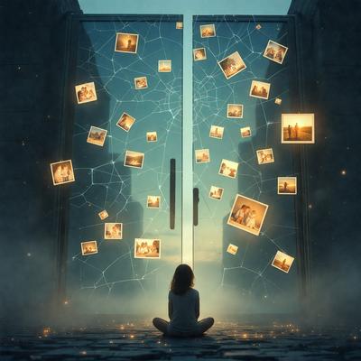 The primary subject of the image is a young girl sitting on the ground, looking through a doorway. The doorway is covered in many pictures, creating a visually striking scene. The setting appears to be a dark room, with the girl being the main focus of the image. The visual style is a combination of photo and digital art, giving the scene a unique and artistic appearance. The dominant colors in the image are dark and muted, creating a moody atmosphere.
